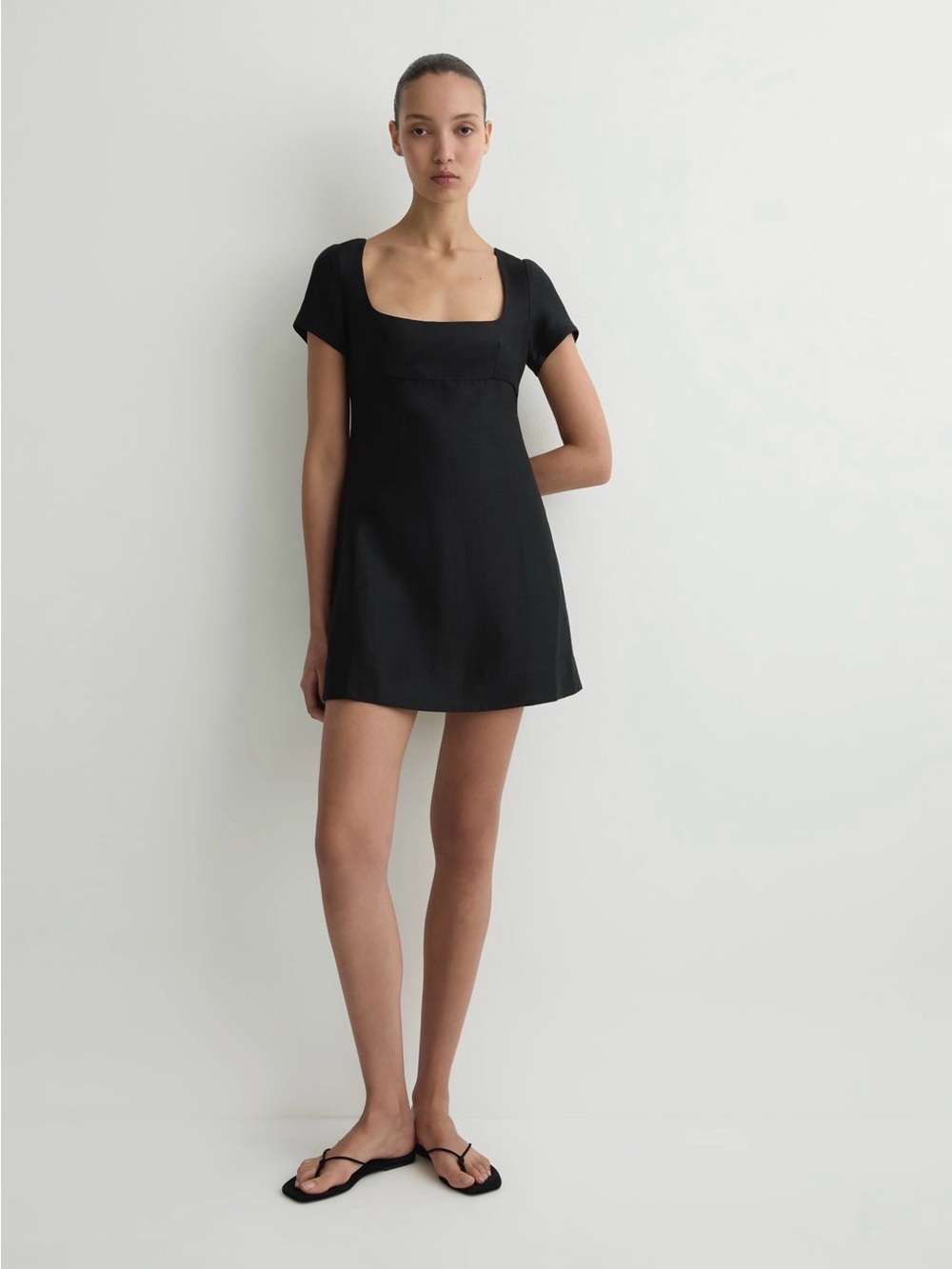 BONDI BORN Black Square Neck Short Sleeve Mini Dress